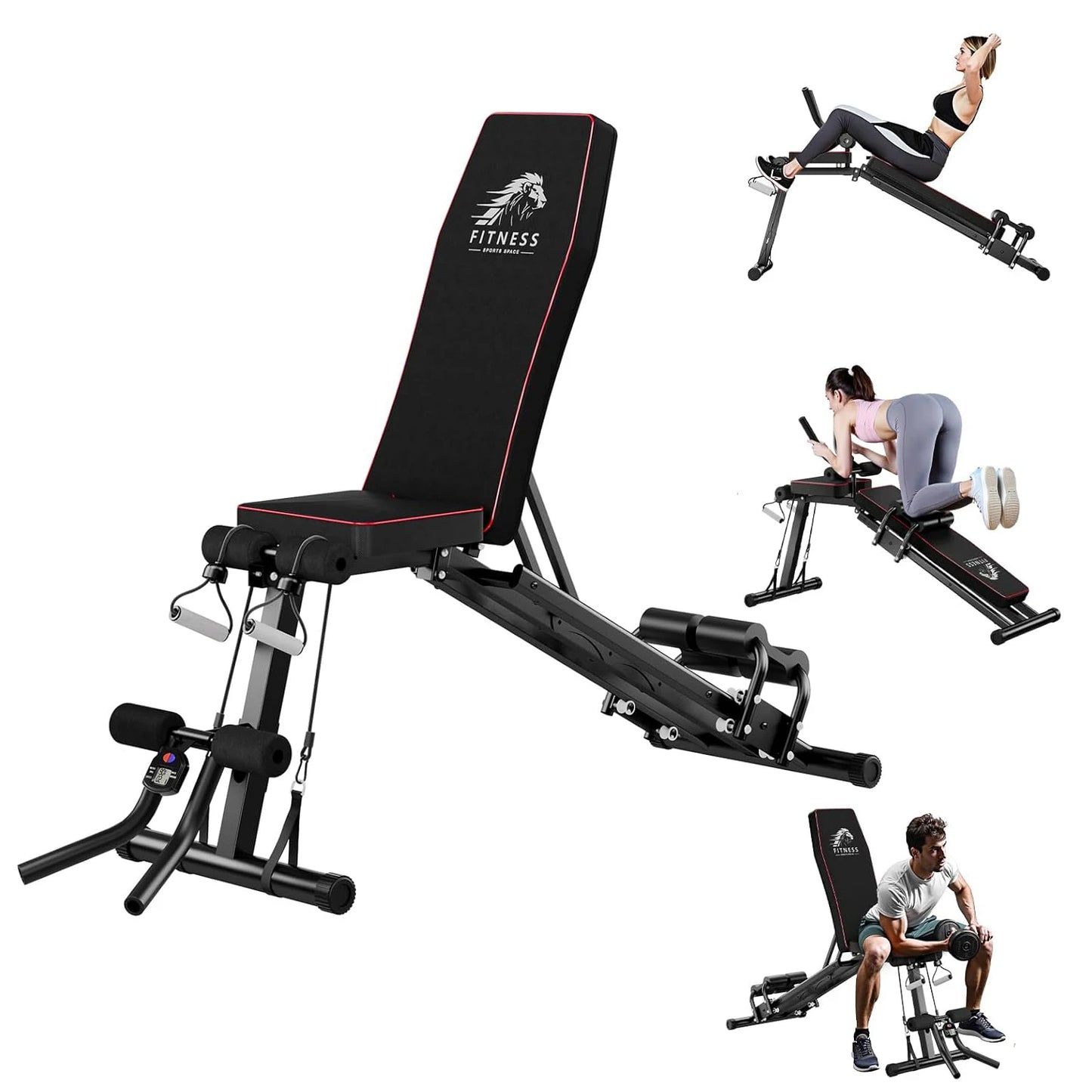 Adjustable Weight Bench Heavy-Duty Foldable Gym Bench with 800LBS/400kg Capacity 8-Level Backrest LCD Monitor Resistance Bands